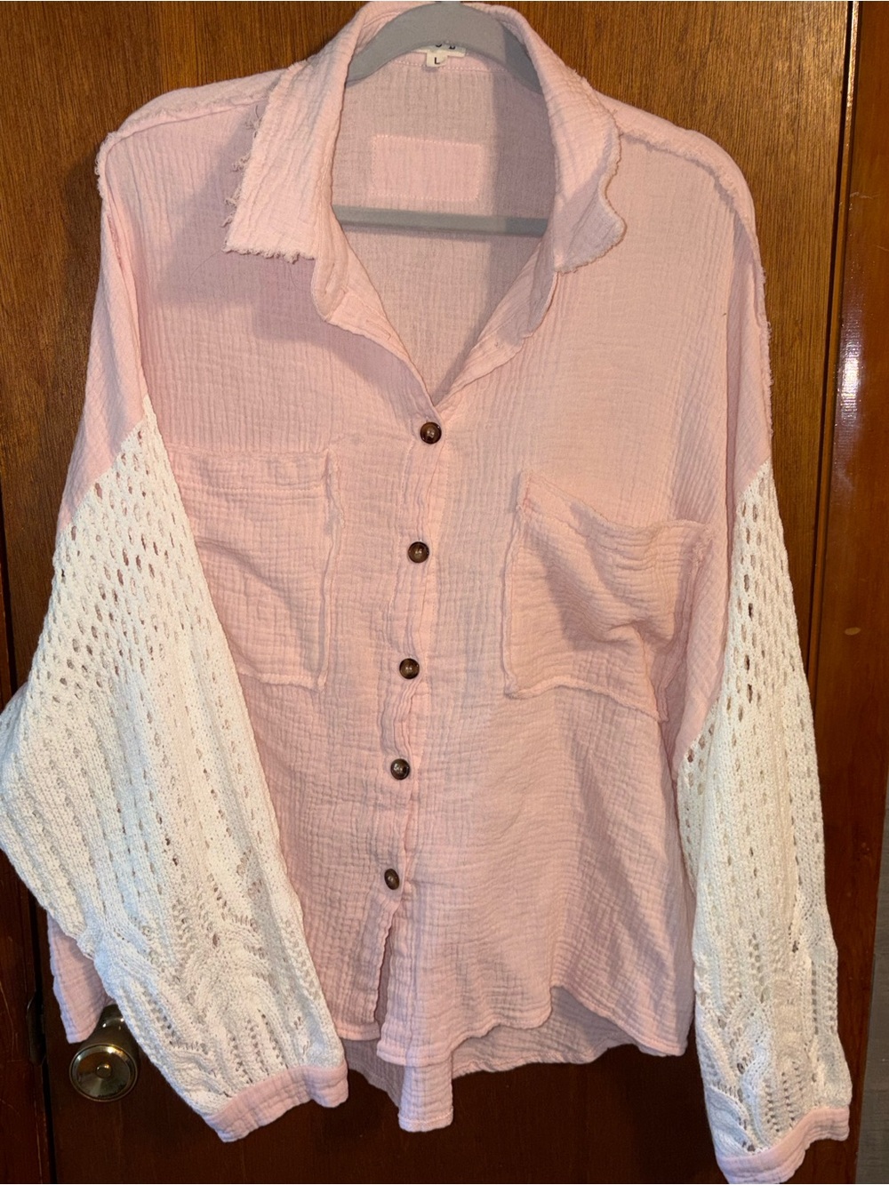 POL Pink Button-Down Shirt with White Crochet Sleeves